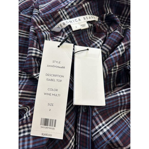 $368 NWT Veronica Beard Isabel Reversed Wine Plaid Blouse Puff Sleeves Size 2 - Picture 7 of 9